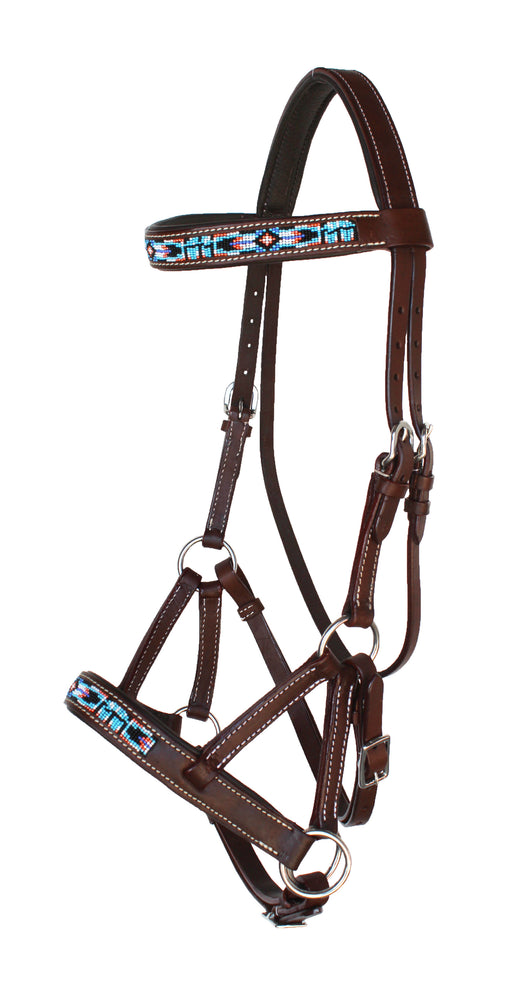 Horse Western Brown Leather Beaded Bitless Padded Sidepull Bridle Reins 77RS14BR