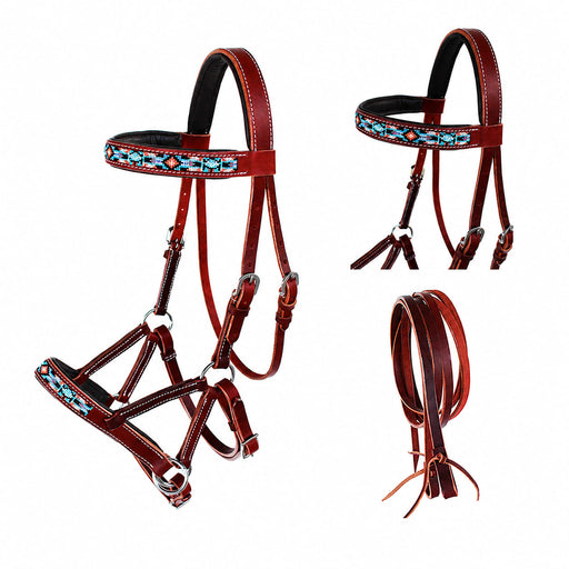 Horse Western Black Leather Beaded Bitless Padded Sidepull Bridle w/ Reins 77RS14