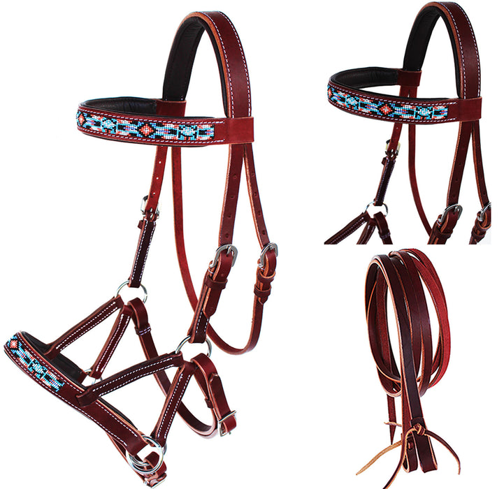 English Western Horse Leather Bitless Bridle Sidepull Halter Reins 77RS14MG-F