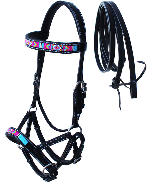 Horse Western Black Leather Beaded Bitless Padded Sidepull Bridle w/ Reins 77RS15BK