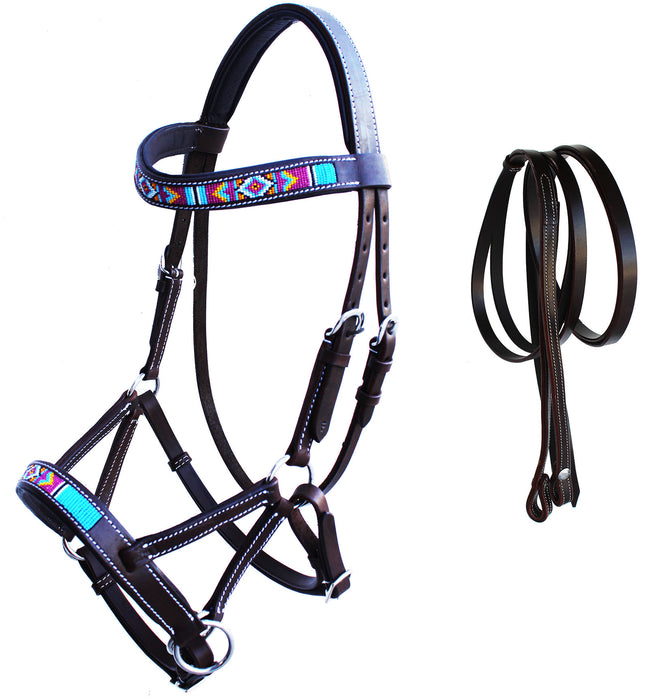 Horse Western Leather Tack Beaded Bitless Sidepull Bridle Reins Brown 77RS15BR