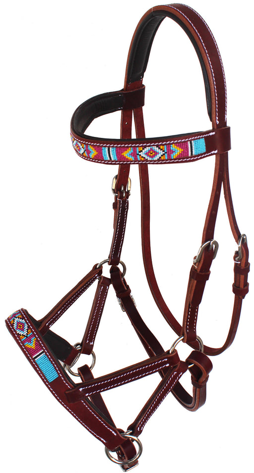 Horse Western English Leather Beaded Bitless Sidepull Bridle Reins 77RS15MG-F