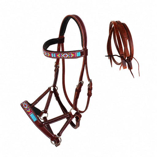 Horse Western Black Leather Beaded Bitless Padded Sidepull Bridle w/ Reins 77RS15