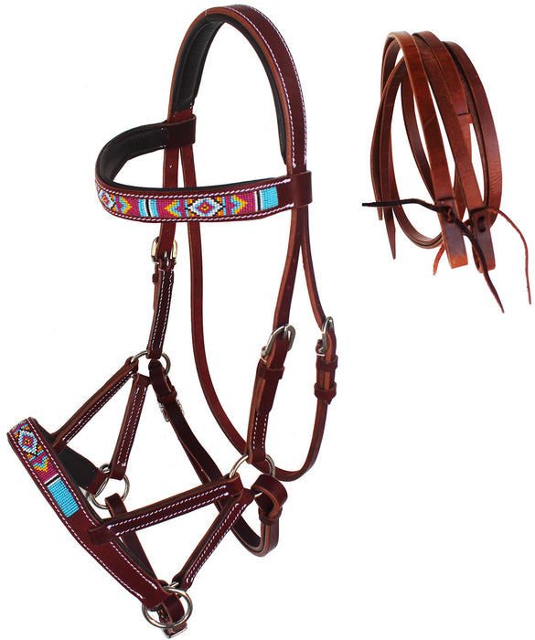 Horse Western English Leather Beaded Bitless Sidepull Bridle Reins 77RS15MG-F