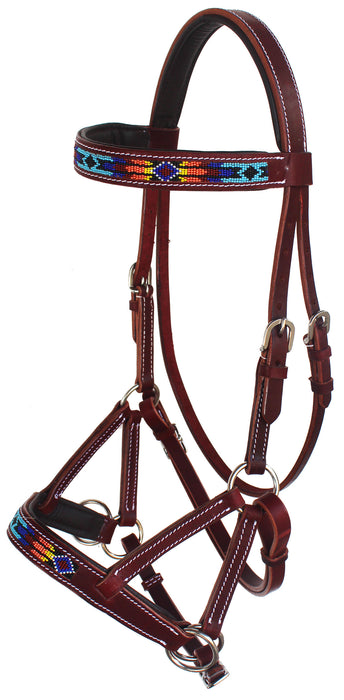 Horse Western Leather Beaded Bitless Sidepull Bridle Reins 77RS16MG-F