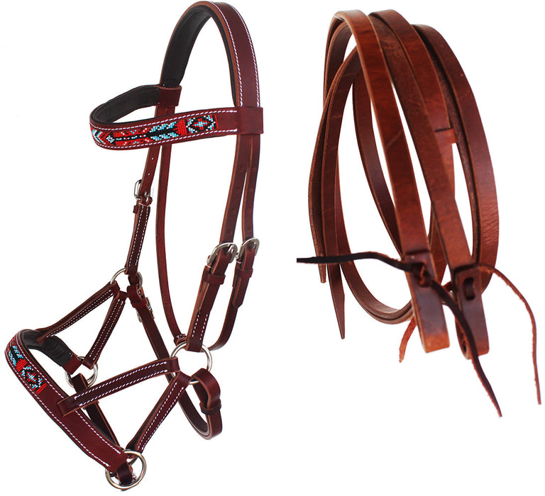 Horse Western English Leather Beaded Bitless Sidepull Bridle Reins 77RS17MG-F