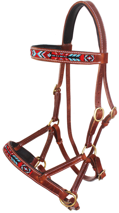 Horse Western English Leather Beaded Bitless Sidepull Bridle Reins 77RS17TN-F