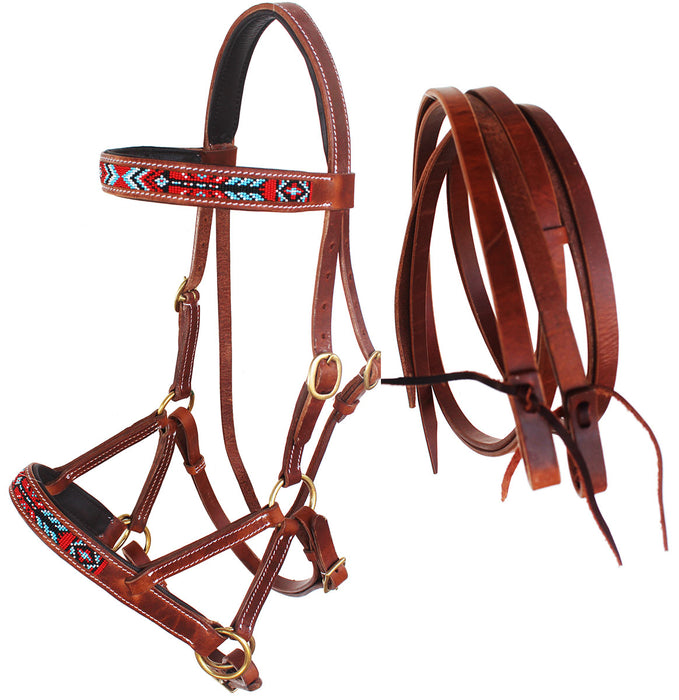 Horse Western English Leather Beaded Bitless Sidepull Bridle Reins 77RS17TN-F