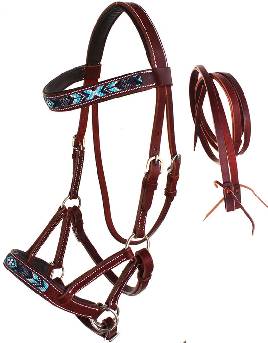Horse Western Black Leather Beaded Bitless Padded Sidepull Bridle Reins 77RS18