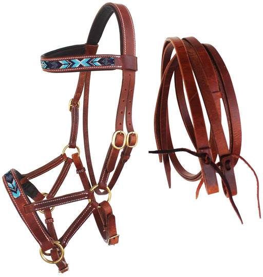 Horse Western Leather Beaded Bitless Sidepull Bridle Reins 77RS18TN-F