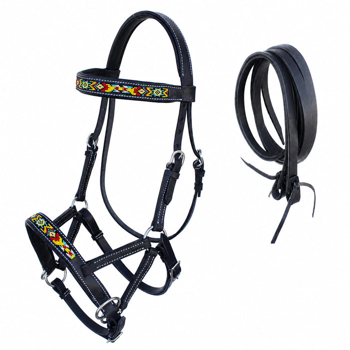 Horse Western Leather Tack Beaded Bitless Sidepull Bridle Reins Brown 77RS19