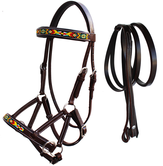 Horse Western Leather Tack Beaded Bitless Sidepull Bridle Reins Brown 77RS19BR