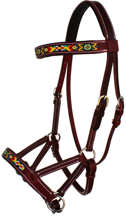 Horse Western Leather Beaded Bitless Sidepull Bridle Reins 77RS19MG-F