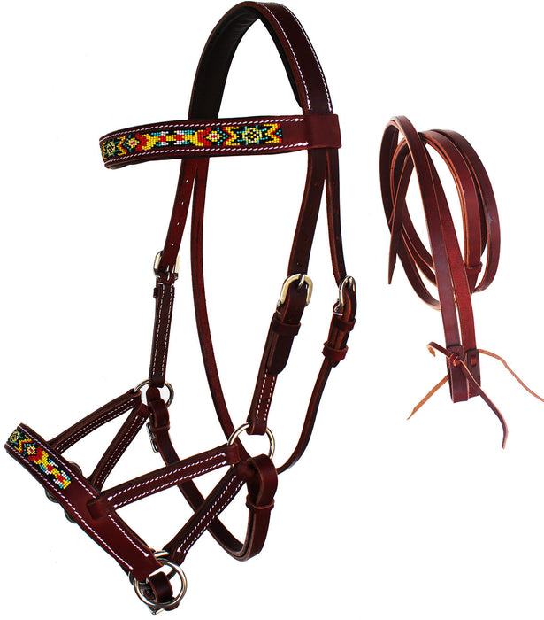 Horse Western Leather Beaded Bitless Sidepull Bridle Reins 77RS19MG-F