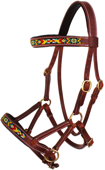 Horse Western Leather Beaded Bitless Sidepull Bridle Reins 77RS19TN-F