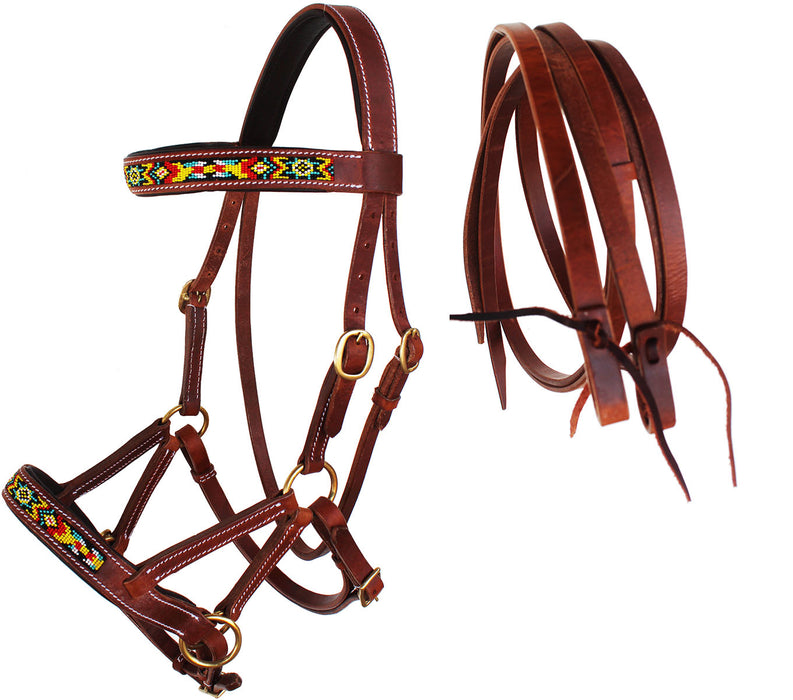 Horse Western Leather Beaded Bitless Sidepull Bridle Reins 77RS19TN-F