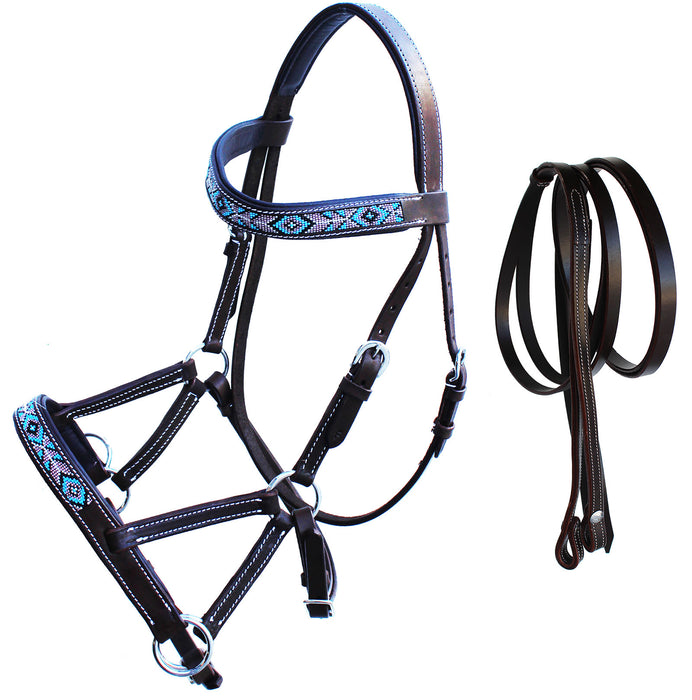 Horse Western Leather Tack Beaded Bitless Sidepull Bridle Reins Brown 77RS20BR