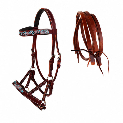 Horse Western Black Leather Beaded Bitless Padded Sidepull Bridle Reins 77RS20