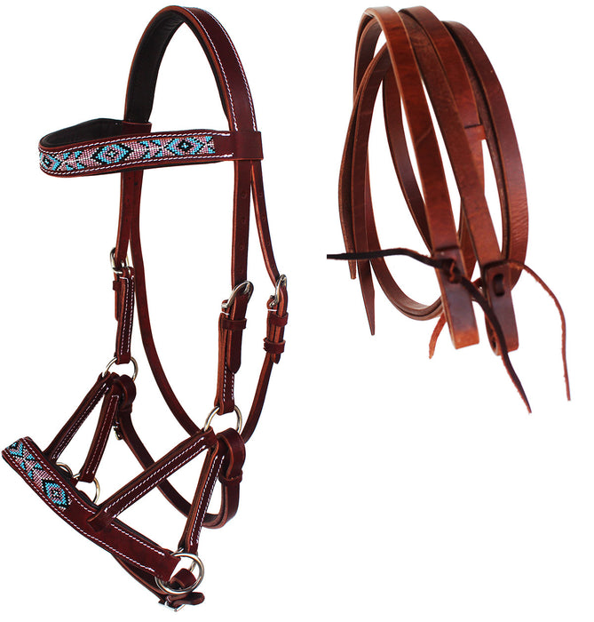 Horse Western Leather Beaded Bitless Sidepull Bridle Reins 77RS20MG-F