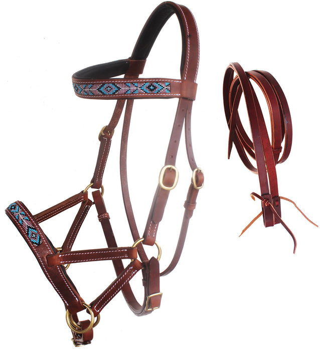 Horse Western Leather Beaded Bitless Sidepull Bridle Reins 77RS20TN-F