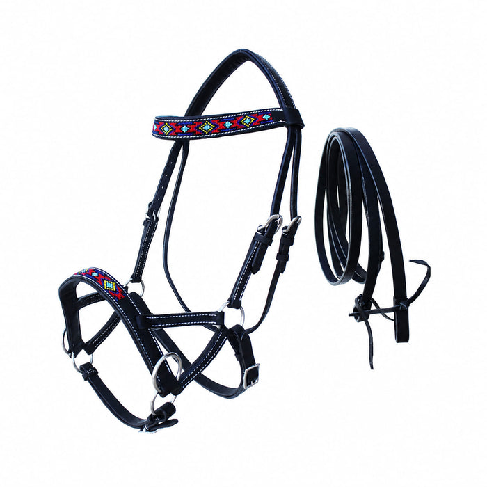 Horse Western Black Leather Beaded Bitless Padded Sidepull Bridle Reins 77RS21