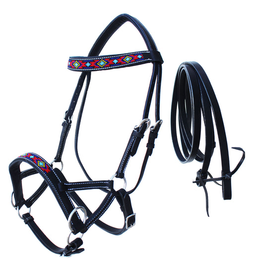 Horse Western Black Leather Beaded Bitless Padded Sidepull Bridle Reins 77RS21BK