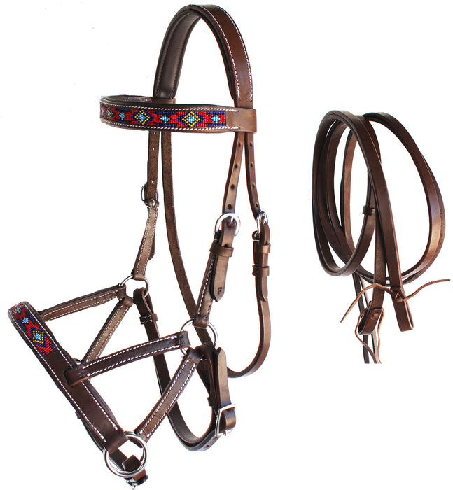 Horse Western Leather Tack Beaded Bitless Sidepull Bridle Reins Brown 77RS21BR