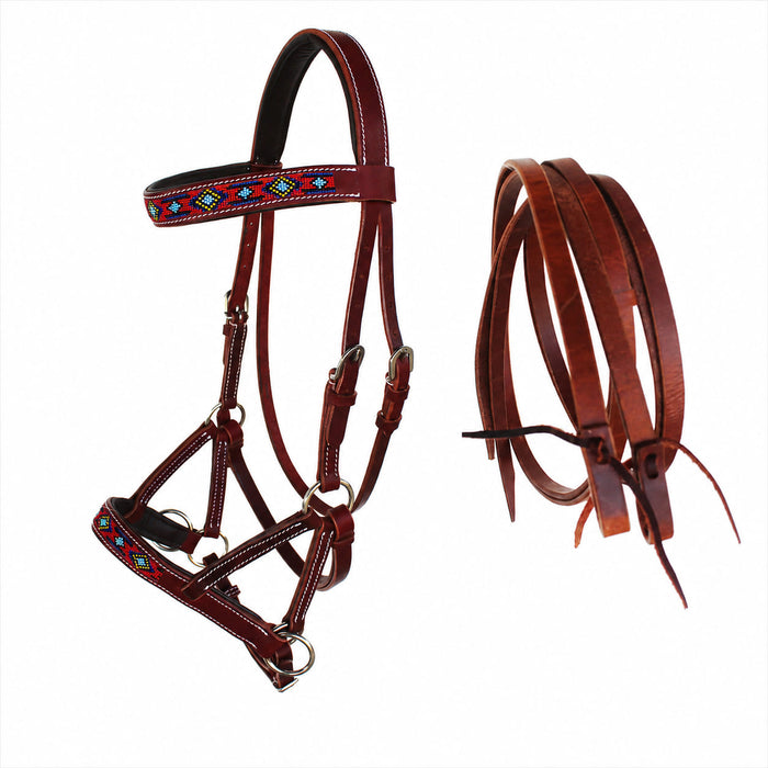 Horse Western Black Leather Beaded Bitless Padded Sidepull Bridle Reins 77RS21