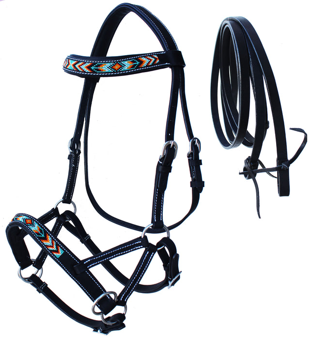 Horse Western Leather Beaded Bitless Sidepull Bridle Reins 77RS22