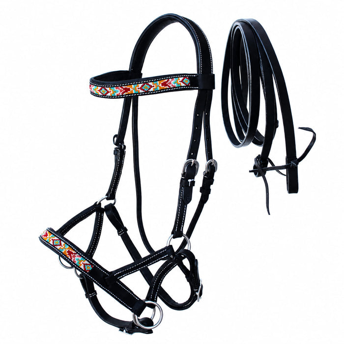 Horse Western Leather Beaded Bitless Sidepull Bridle Reins 77RS23