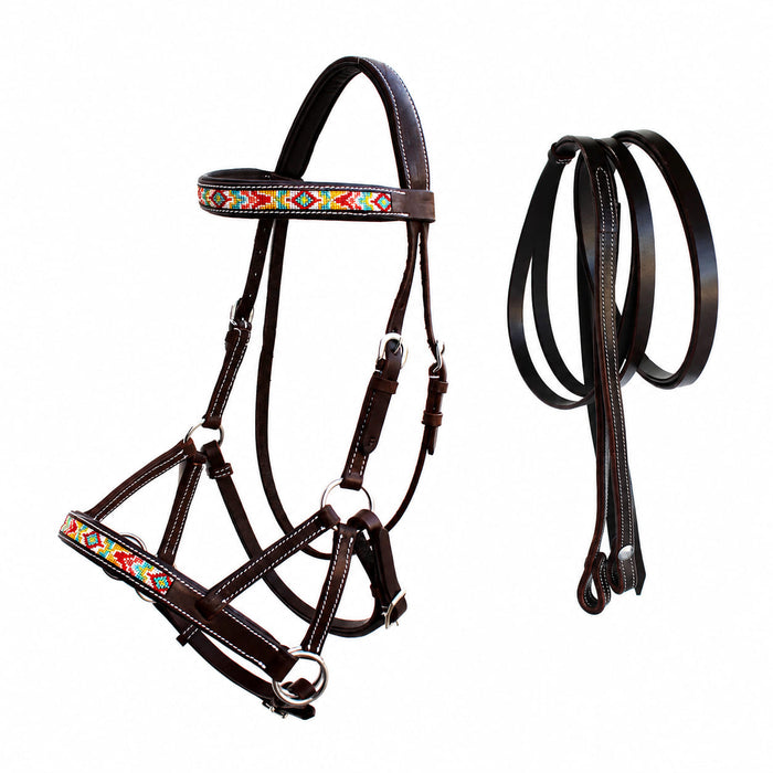 Horse Western Leather Beaded Bitless Sidepull Bridle Reins 77RS23