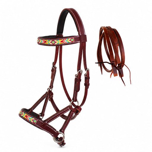 Horse Western Leather Beaded Bitless Sidepull Bridle Reins 77RS23