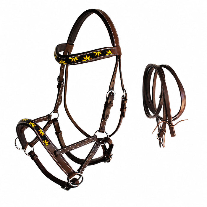 Horse Western Leather Beaded Bitless Sidepull Bridle Reins Sun Flower 77RS24