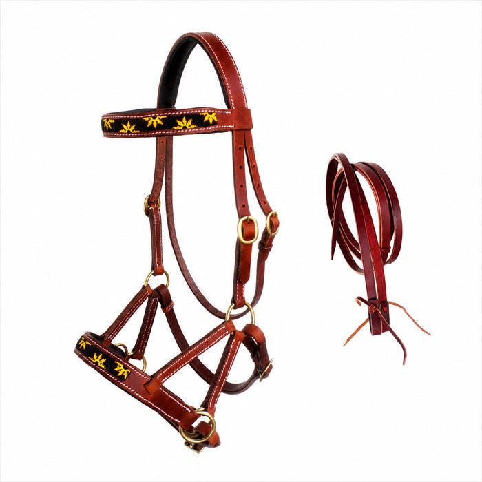 Horse Western Leather Beaded Bitless Sidepull Bridle Reins Sun Flower 77RS24