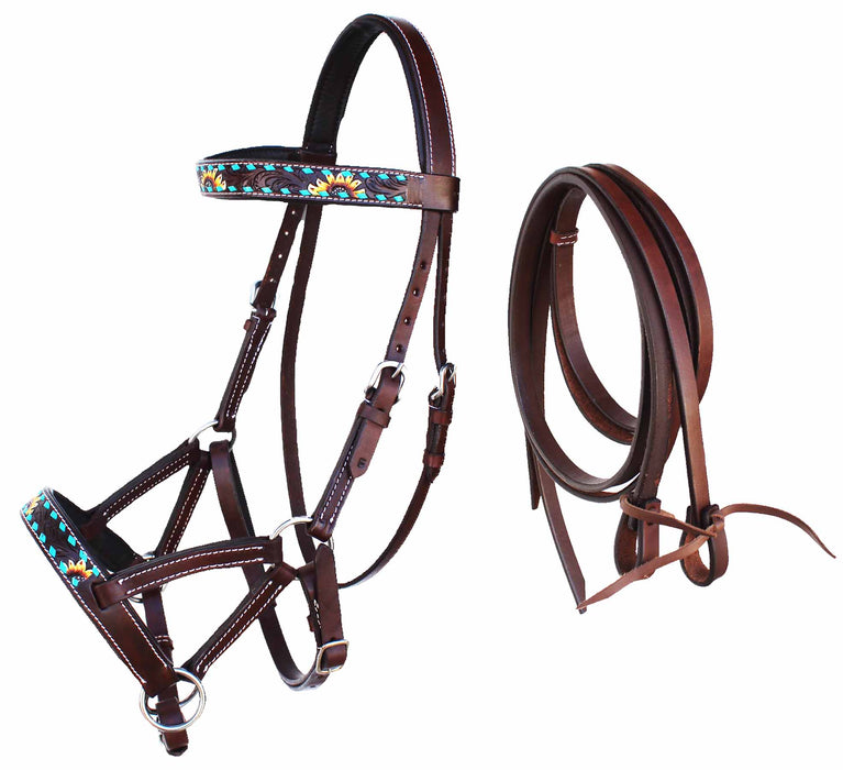 Horse Western Leather Sunflower Bitless Sidepull Bridle Reins Hackamore 77RS27