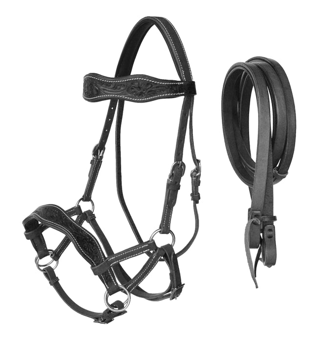Leather Floral Bitless Sidepull Bridle Split Reins 77RS28BK