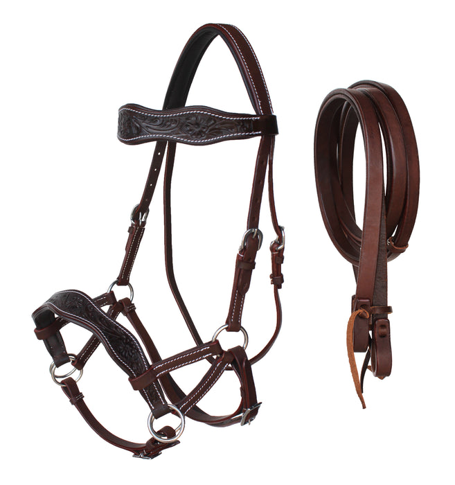 Leather Floral Bitless Sidepull Bridle Split Reins 77RS28BK