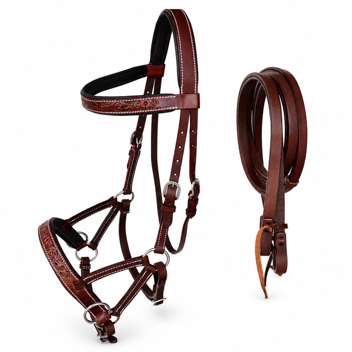 Horse Western English Leather Bitless Sidepull Bridle w/ Split Reins 77RS30