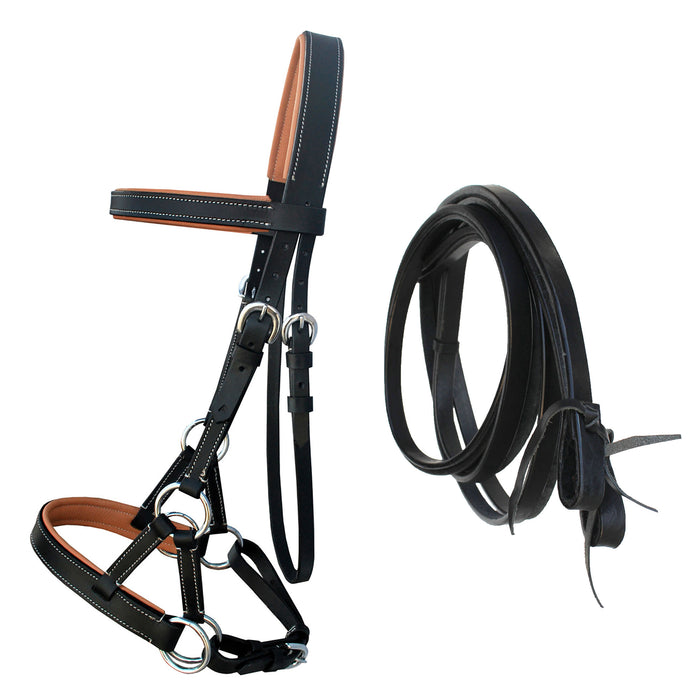 Horse Western Leather Padded Bitless Sidepull Bridle Reins 77RS33