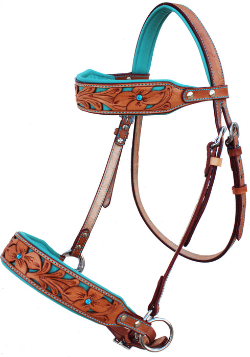 Horse Western Leather Floral Tooled Bitless Sidepull Bridle Reins 77RS34