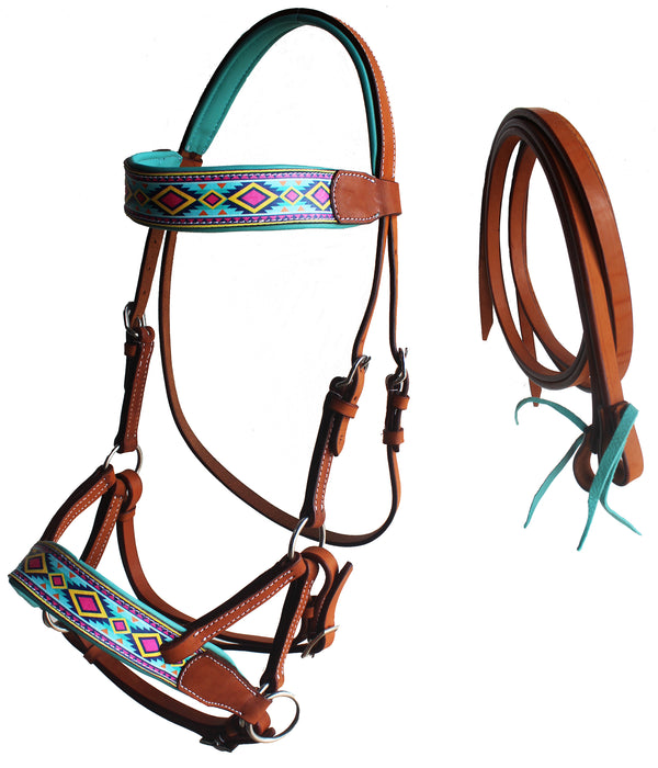 Horse Western Tan Leather Padded Bitless Training Sidepull Bridle Reins 77RS35TN-F