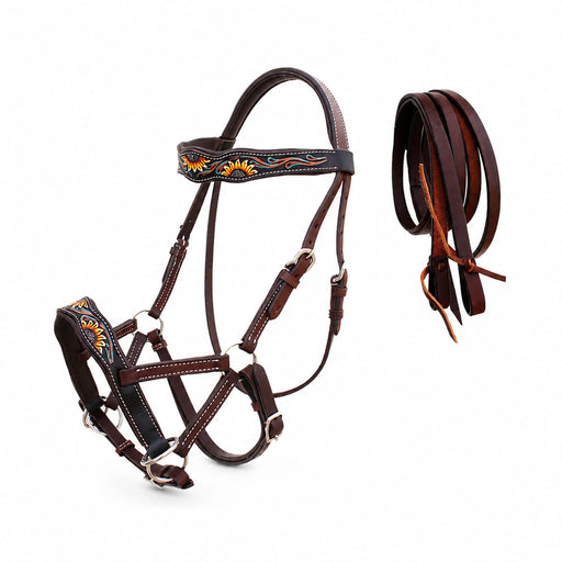 Horse Western Tan Leather Padded Bitless Training Sidepull Bridle Reins
