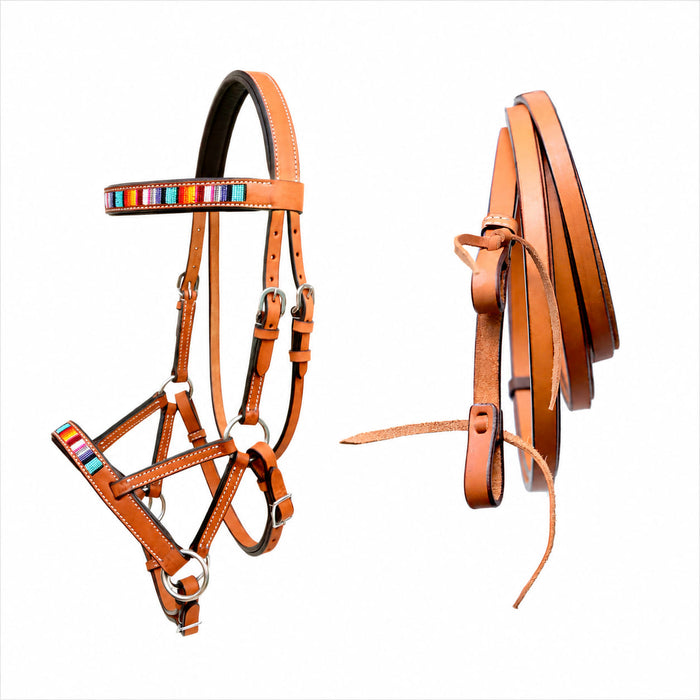 Horse Western Tan Leather Padded Bitless Training Sidepull Bridle Reins