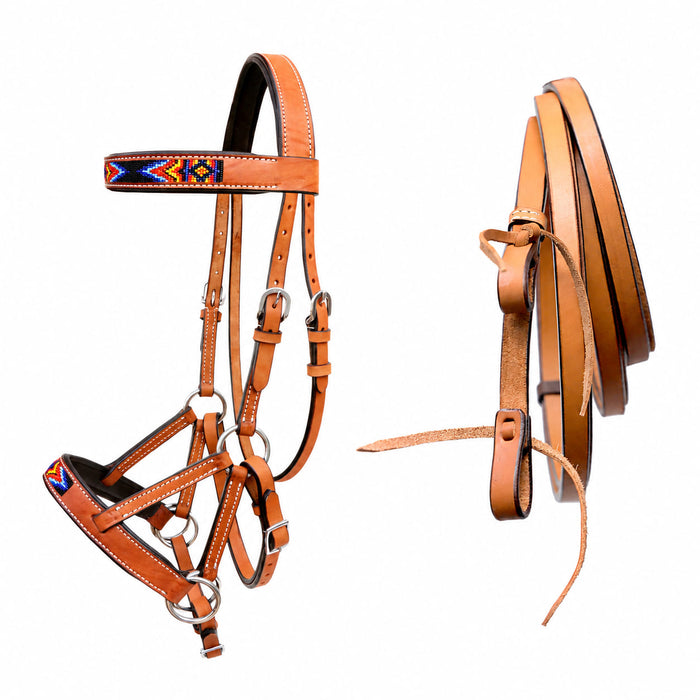 Horse Western Tan Leather Padded Bitless Training Sidepull Bridle Reins
