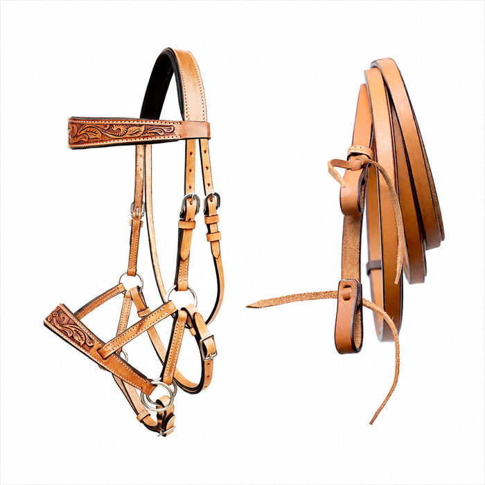 Horse Western Tan Leather Padded Bitless Training Sidepull Bridle Reins