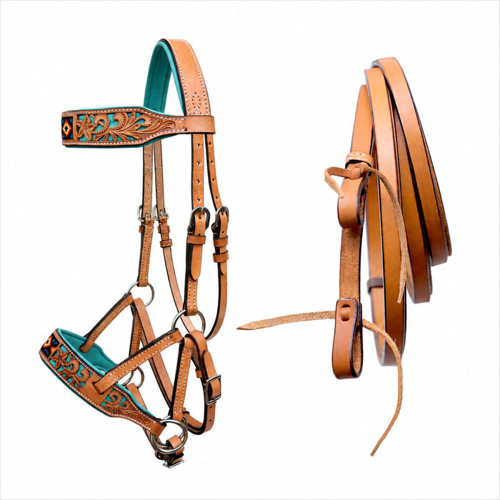 Horse Western Tan Leather Padded Bitless Training Sidepull Bridle Reins