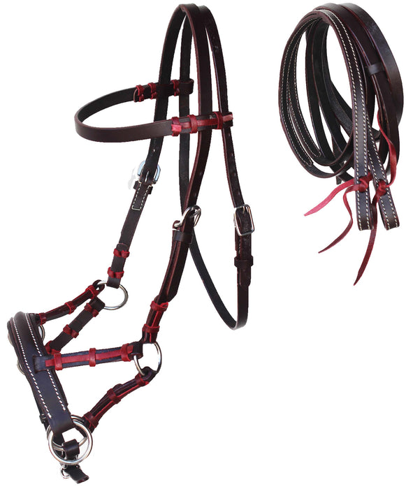 Horse Western Horse Bitless Black Tan Padded Nose Leather Sidepull Bridle with Reins 77RT04