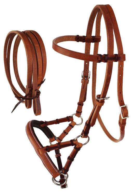 Horse Western Horse Bitless Black Tan Padded Nose Leather Sidepull Bridle with Reins 77RT04