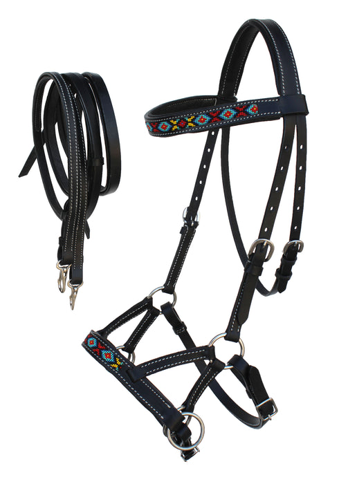 Horse Western Black Leather Tack Beaded Bitless Sidepull Bridle Reins 77RT06