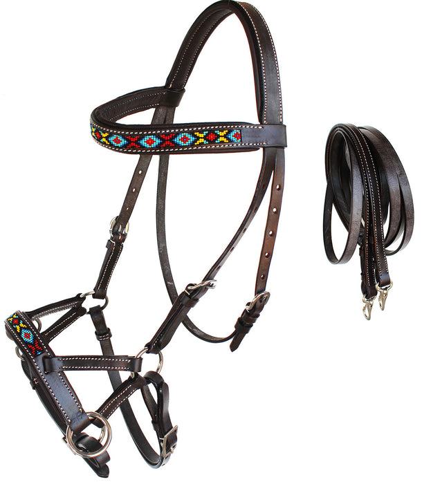 Horse Western Black Leather Tack Beaded Bitless Sidepull Bridle Reins 77RT06